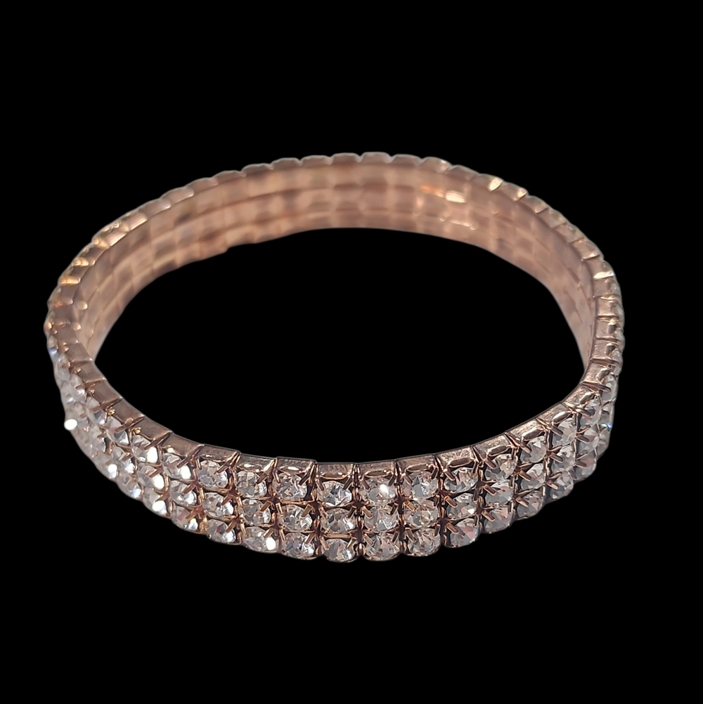 Rose Gold Three-row Rhinestone Stretch Tennis Bracelet.